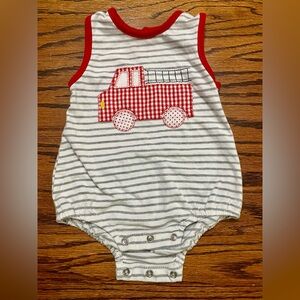 Three Sisters Baby Boy 6m Striped Bubble One Piece with Red Truck Design Snaps